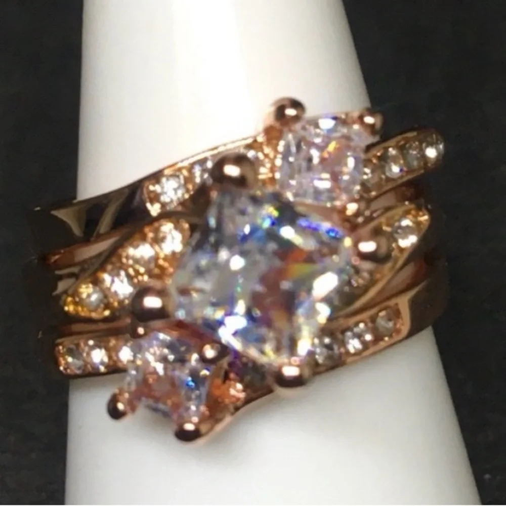 Rose Gold 3pc Engagement Ring & 2 Wedding Bands Set with Diamond Sterling Silver
